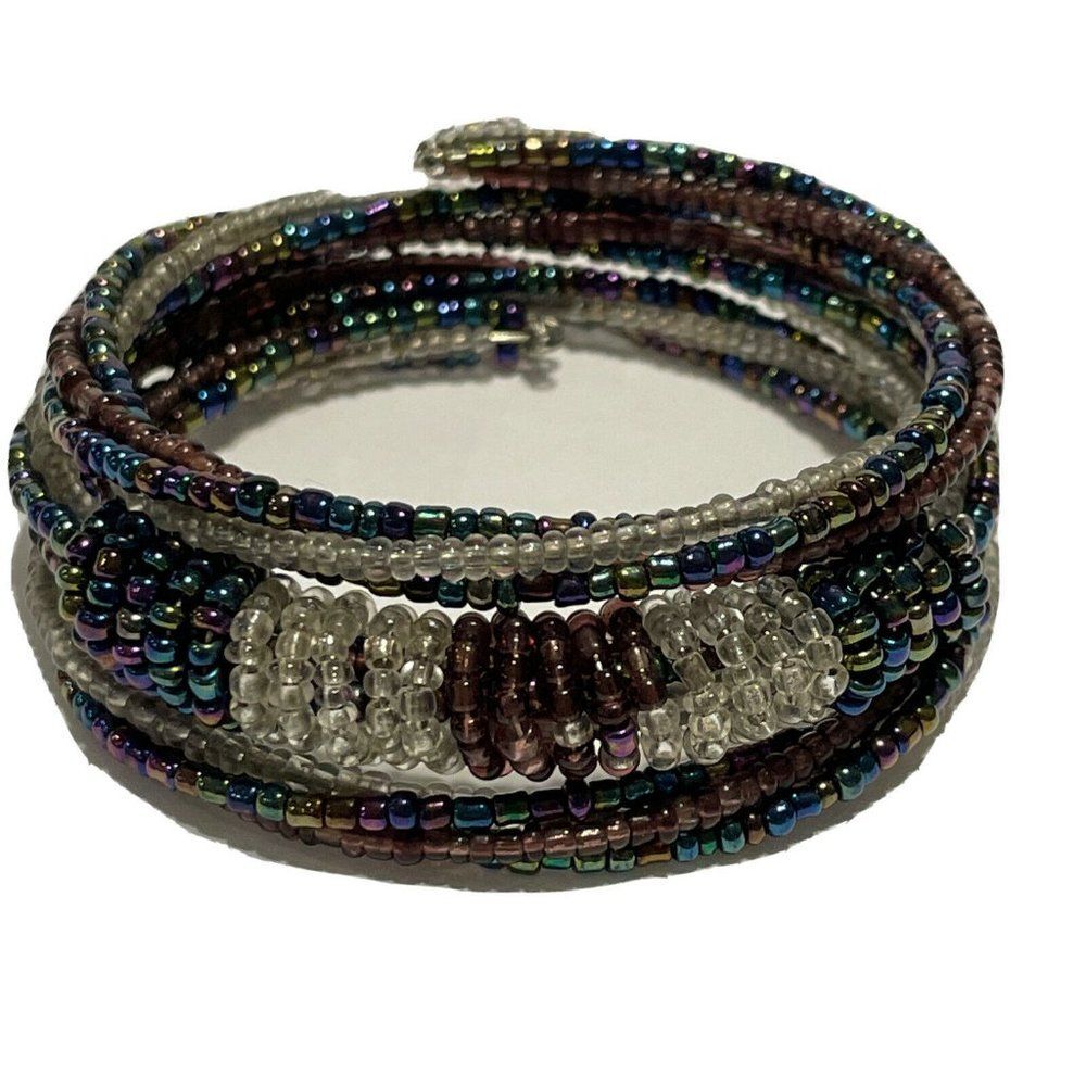 Woven  Breaded Beaded  memory wire bracelet Iridescent￼ Blue Purple Clear Bead